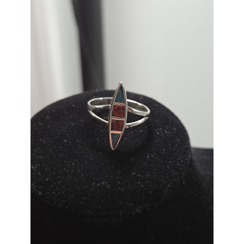 Vintage Native American Crushed Coral & Turqouise Inlay Ring Size US 7.25 - Picture 3 of 6